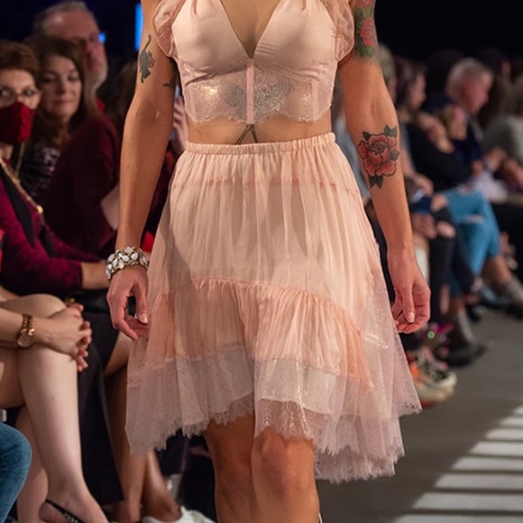 Blush pink silk metallic rose gold lace skirt high waisted skort